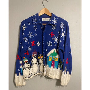 Vintage Design Options Womens Cardigan Small Snowmen Embellished Beaded 90s READ
